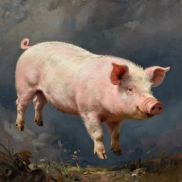 a painting of a giant flying pig, painted by norman rockwell