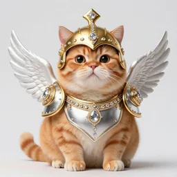 a fat orange cat with a golden helmet wearing a silver armor with golden ornaments and diamonds jewelry, wings by alex gray and android jones, karol bak, ayami kojima, amano, concept art, character design, fantasy, 3 d, 8 k resolution