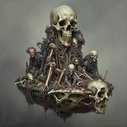 airbrush & oils of 4 character, tiered disgusting, floating sewer raft, made of bones, hadron dystopian, by wayne d barlowe, h r giger, simon bisley, alex nino, boris vallejo, enric torres, hyper realism, narrative light, muted colors, epic, hyper detailed, awe inspiring, high octane fantasy, award winning horror, - n 4