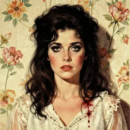 a pulp illustration of a beautiful but serious woman in layers of fear, with haunted eyes and dark hair piled on her head, 1 9 7 0 s, seventies, floral wallpaper, wilted flowers, a little blood, morning light showing injuries, delicate ex embellishments, painterly, offset printing technique