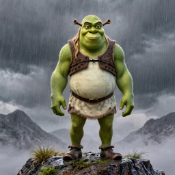 a gorgeous Shrek with long light-blonde hair wearing a low cut tanktop, standing in the rain on top of a mountain, highly detailed, digital painting, artstation, concept art, sharp focus, illustration, art by Gerald Brom and Zdzisław Beksinski