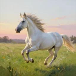 a white galloping white station with flowing mane on a beautiful meadow at sunrise, fantasy painting by craig mullins