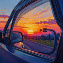 a beautiful insanely intricate painting of a sunset seen from a car window, reflections, colorfull, by william turner art, by greg rutkowski, by james jean, by rossdraws, by frank franzzeta, by sakimichan, trending on artstation, insanely detailed illustration, thin contur lines, masterpiece,