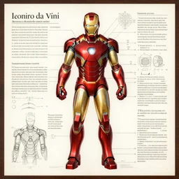 breakdown of advanced iron man suit in leonardo da vinci style , very detailed with numbers and text and parts on the paper