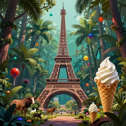 eiffel tower surrounded by ice cream in a tropical forest with animals, modern art, mysterious, colorful,