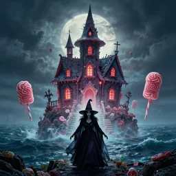 a scary witch in front of a witch house made out of candy, floating on the ocean, epic scene, fantasy, cinematic, hyper - detailed, in the style of greg rutkowski