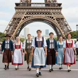 “an hyper realistic picture of Paris filled with traditional clothed german people”
