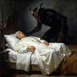 the pope laying down in his bed, terrified, because a double horned shadow demon is in the bedroom. highly detailed painting by gaston bussiere, greg rutkowski, craig mullins 8 k