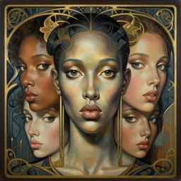a streamline moderne, art nouveau, multi - ethnic and multi - racial portrait in the style of frank kelly freas, and in the style of donato giancola, and in the style of charles dulac. intelligent, expressive, very large eyes. symmetry, ultrasharp focus, dramatic lighting, photorealistic digital painting, intricate, elegant, highly detailed, symmetrical.