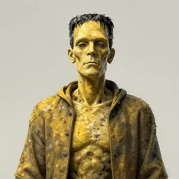 centered detailed, frankenstein, resurrected corpse, yellowish skin, robes, art by jean giraud and moebius, grimy texture, realistic, expressive emotions, blue and white gradient
