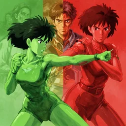 green lady fighting red 3, high intricate details, hyper realistic, rule of thirds, golden ratio, cinematic light, anime style, graphic novel by fiona staples and dustin nguyen, by beaststars and orange, peter elson, alan bean, studio ghibli, makoto shinkai
