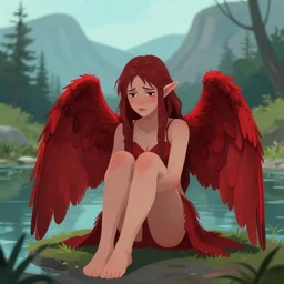 prompt Young Harpy-Girl, red feathered wings for arms, humanoid woman, sad expression, sitting at a pond, mountainous area, trees in the background, digital art