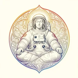 a detailed logo outline of an astronaut spiritualist sage with a rainbow colored outline, intricate, elegant, illustration, digital painting, 8 k, fine detail, art by greg rutkowski, frank frazetta, jack kirby, albert aublet, frank herbert, and alphonse mucha