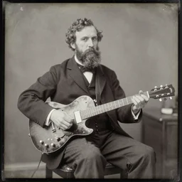 early 1 8 0 0's photograph of a bearded man sitting with electric guitar, daguerrotype, victorian