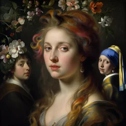 a closeup portrait of one beautiful young goddess with a wall of flowers behind her, painted by diego velazquez and rachel ruysch and vermeer and ambrosius bosschaert, swirling coloured hair, hyperrealism, dark, dramatic lighting, analogous complementary colour scheme, trending in artstation, octane, rendered