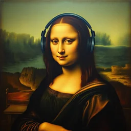 mona lisa wearing headphones
