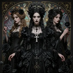 a stunning gothic princess portrait by tom bagshaw, mary jane ansell, donata giancola, alphonse mucha, wearing an ornate raven dress, ankh necklace, intricate ardornments, black magic, black roses, gothic, art nouveau, dark academia, atmosphere, realism, octane render, dof, whirling nebulas, hyperdetailed, 8 k,