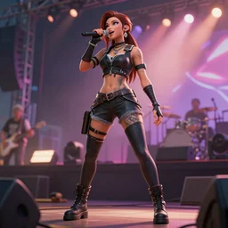 highly detailed full body character art of a rock star singing at the rock concert. Rock star looks like Aloy. full body, highly detailed, photo realistic, energetic atmosphere, rock concert, music, 8K, octane render, unreal engine