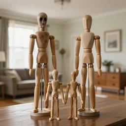 a real estate home interior photo. a creepy wooden mannequin family,
