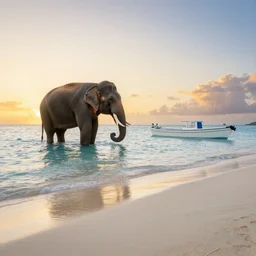 fijian beach with elephant on a boat high detail at sunset