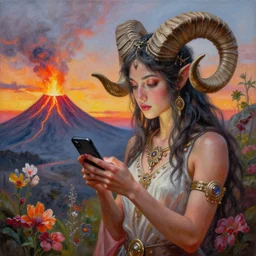 detailed acrylic on canvas fantasy painting by josephine wall, horned ram goddess checking her cell phone, erupting volcano and sunset in distance, flowers in foreground, trending on artstation, by senior concept artist, intricately detailed, high resolution, hdr, 8 k