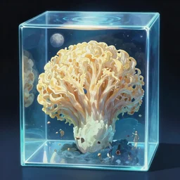 high intricate tremella - fuciformis inside a glimmering glass box, vast ocean surface, maria panfilova, andrea savchenko, mike kime, ludovic plouffe, qi sheng luo, oliver cook, makoto shinkai, trending on artstation