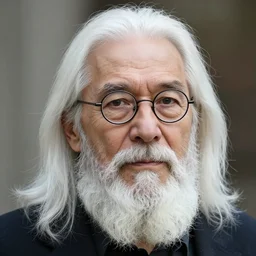 man in his 5 0 s with long white hair, a white chin beard and small round glasses