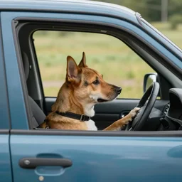 a dog drives a car, cinestill 8 0 0 t