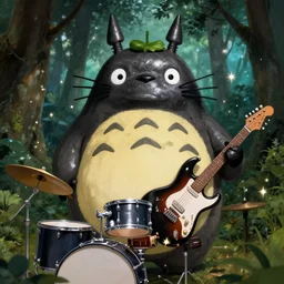 totoro body painting kiss paint black metal paint in the face, a drummer, electric guitar, sparkles all around, all happy but dressed in black, in the middle of the forest, fantasy digital art, wow, stunning, ghibli style, hight quality