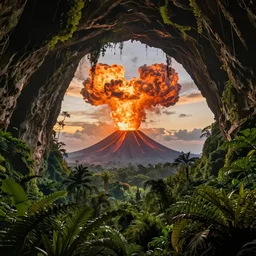 lush prehistoric jungle cave, exploding volcano, washed out colors, professional, master level composition, volumetric lighting, haze, sunset, photorealistic