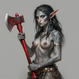 ritually tattooed female goblin with grey skin, holding a red woodsman axe, pointy nose, lanky, d & d, fantasy, highly detailed, digital painting, trending on artstation, concept art, sharp focus, illustration, global illumination, shaded, art by artgerm and greg rutkowski and fuji choko and viktoria gavrilenko and hoang lap