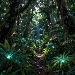 « low luminosity jungle, luminescent plants, far view, detailed »
