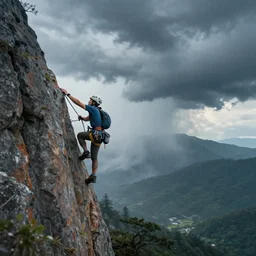 a climber climbs into a storm, painting by craig mullins, octane rendering, soft morning lighting, wide angle lens, in the style of hayao miyazaki, trending on artstation,