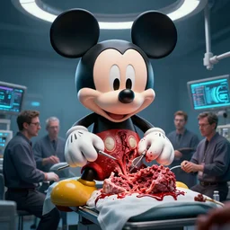 a giant mickey mouse, dissected by a group of network executives, on an operating table, octane render, cgstation, 3 d render, very detailed, mindblowing, blood and guts, gritty, cyberpunk