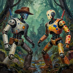 a beautiful intricate painting depicting epic battle between two self aware ai robots in cyberpunk rainforest, near future, realism, heroic, dirty, grunge, american style, western, jackson pollock, studio ghibli, polkadot thrash, artstation trending, 1 st place, winner, concept art, fine details, alex ross, deviant art,