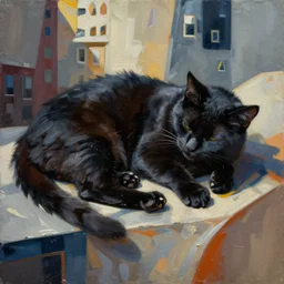 aan abstract oil painting of a black cat sleeping in the style of gehry and gaudi