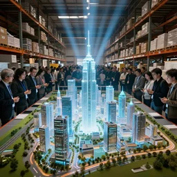 large group people in a huge warehouse, gathered around a hologram model city on a table | cinematic concept art | godrays | 4 k | clear details | tabletop | tabletop skyscrapers | hologram foreground