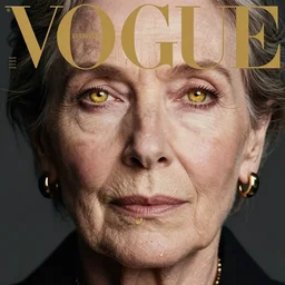 Photo of an 80 year old woman, gold eyes, editorial fashion photography, from Vogue magazine