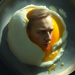 a large egg frying in a pan with edward norton's face emerging from the yolk, concept art by greg rutkowski