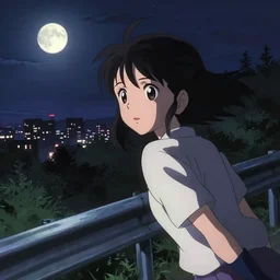 anime visual, dark portrait of a young girl sightseeing above the city at night in the park, moon, guardrail, cute face by anmi, murata range, katsura masakazu, ilya kuvshinov, dynamic pose, dynamic perspective strong silhouette, anime cels, flat shading, rounded eyes, realistic proportions, dramatic, detailed facial features