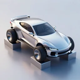 shiny car of the future on blocks with wheels removed, high detail, 8 k render, trending on artstation, cyberpunk