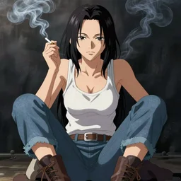 Revy from Black Lagoon, anime and manga, smoking a cigarette, Jean shorts boots and white tank top, middle shot, symmetrical face, symmetrical eyes, in the style of Joshua Middleton