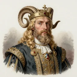 A handsome Lord Auberon with blond hair and beard and ram horns wearing an exquisite suit and a crown, color illustration by Arthur Rackham