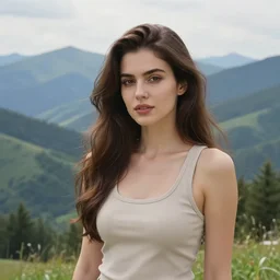 gorgeous woman, wearing : tanktop, hair : long brown, extra : scenic view and mountain landscape, artstyle : ilya kuvshinov