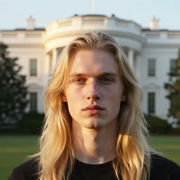 close up portrait photo of a pale young man with really long blond hair in front of the white house, high quality, golden hour