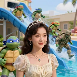 clothed in blouse, tiara, necklace, earrings. close - 3, ninja turtles escape and two military ( american uniform ) ran to sound the alarm and all the turtles began to descend the water slides,, 4 k,