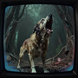 movie frame still from live action crazy lovecraftian dog howling, 8 k, vhs glitch, old tv, ultra wide angle, zenith view, greg rutkowski, intrincate, highly detailed, ilm, oscar winning photography, grain, dramatic lighting, greg nicotero, horrifying movie, nightmare fuel, horror movie