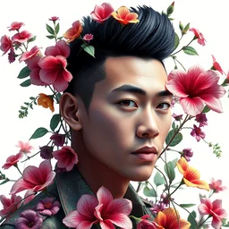 colourful vfx art - portrait of south east asian male with military haircut wrapped in flowers & vines, art by hsiao - ron cheng & james jean - presented as magazine collage style, volumetric light, colourful, sharp, detailed, digital painting, illustration, magazine collage, highly detailed, intricate detail, unreal engine, octane render, pinterest, behance, art station