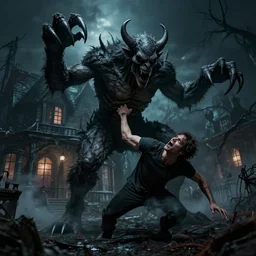 monster demon with huge black sharp claws drag man by arm through dark spooky house