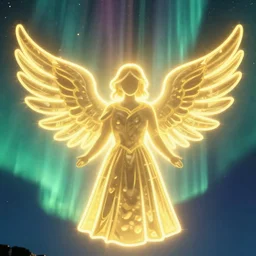 gigantic radiant shining golden neon angels silhouetted layered strongly into intense vivid aurora above space needle centered big sky film long exposure fuji wide angle national geographic